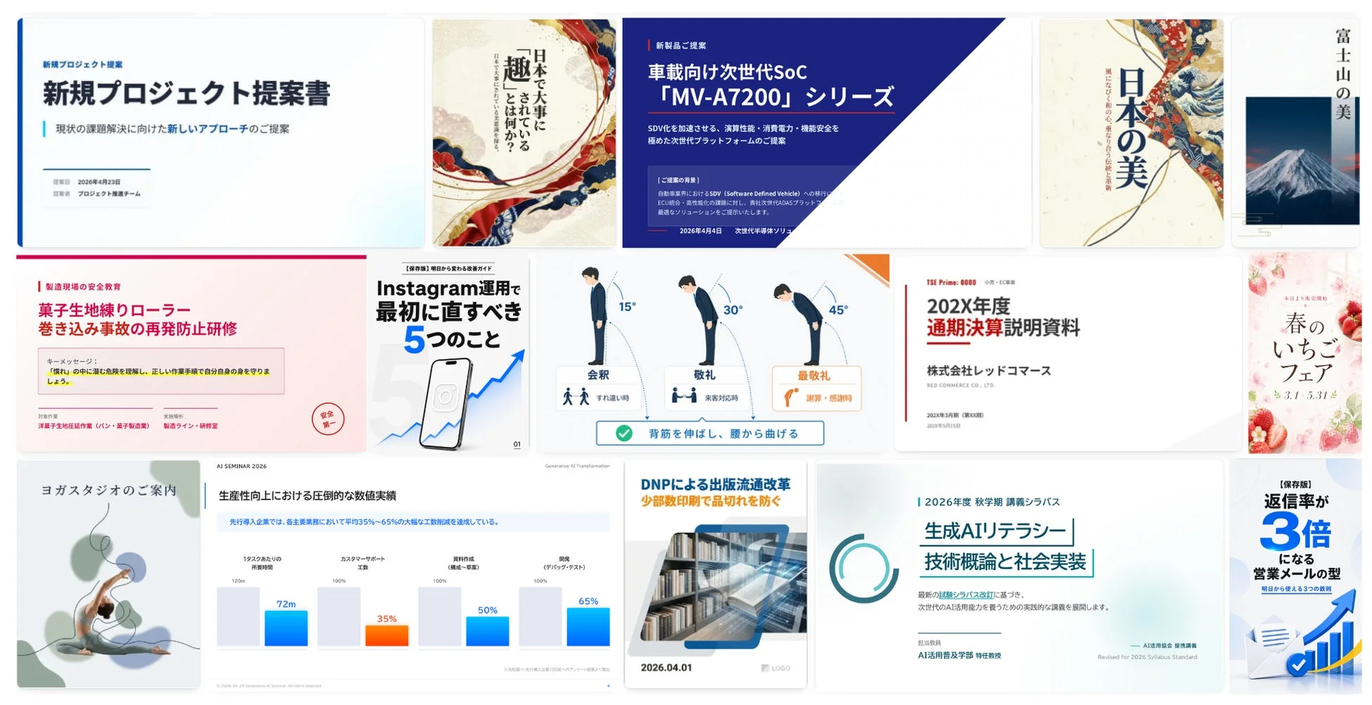 新規プロジェクト提案など多様なスライド例