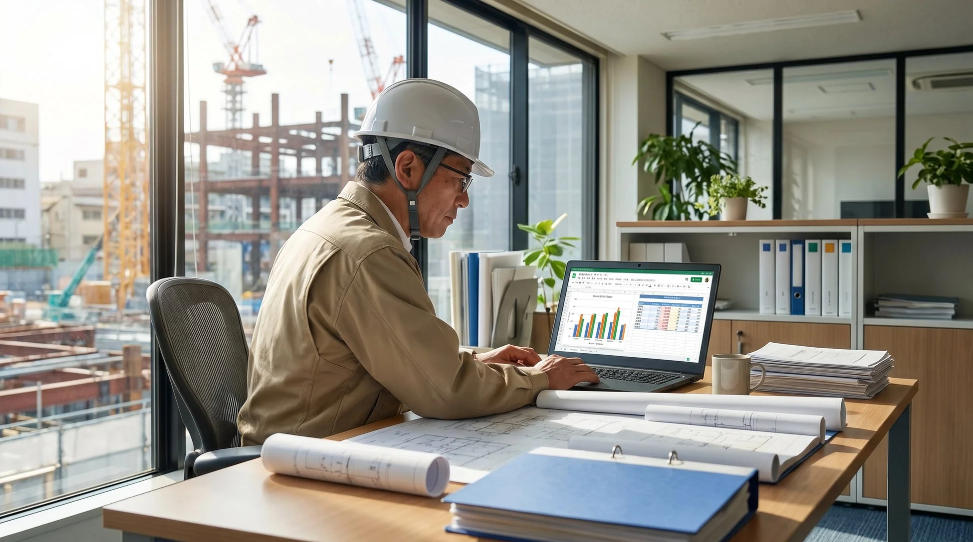 建設現場とノートパソコンで作業するエンジニア
