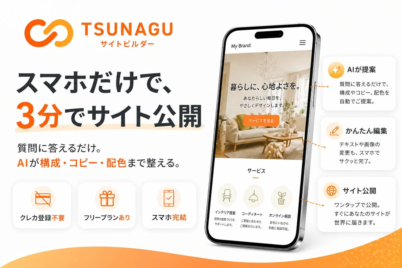 スマホだけで、3分でサイト公開