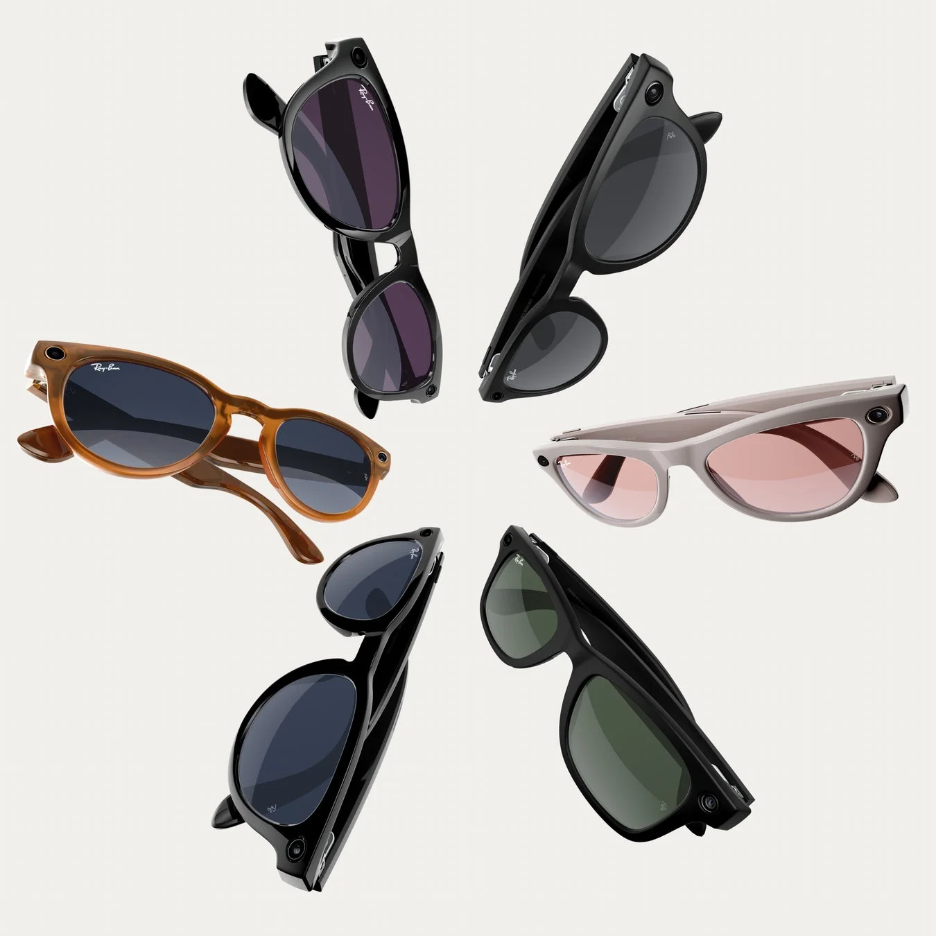 複数のRay-Banスマートグラスが円形に配置された画像です。様々なフレームの色とレンズの色合いがあり、製品ラインナップを示しています。