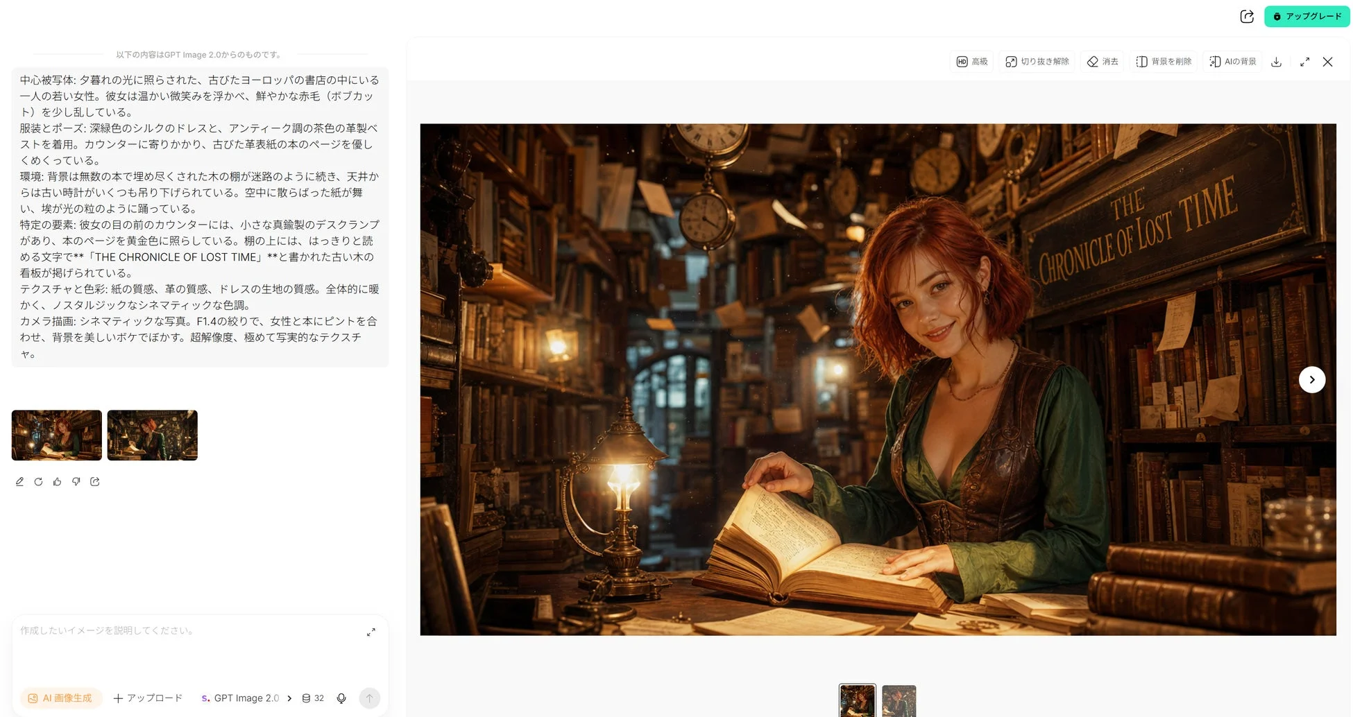 以下の内容は GPT Image 2.0 からのものです。中心被写体: 夕暮れの光に照らされた、古びたヨーロッパの書店の中にいる一人の若い女性