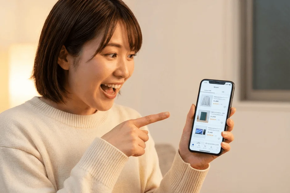 女性がスマートフォンでオンラインショッピング