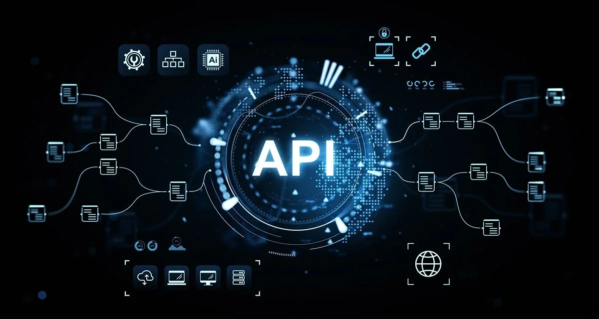 APIを中心に、データフローや様々なデジタルサービス、AI、クラウドなどが連携する様子を表現した画像です。現代のシステム統合とデジタル変革におけるAPIの重要性を示唆しています。
