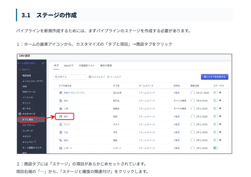 CRM設定画面でパイプラインのステージを作成する手順