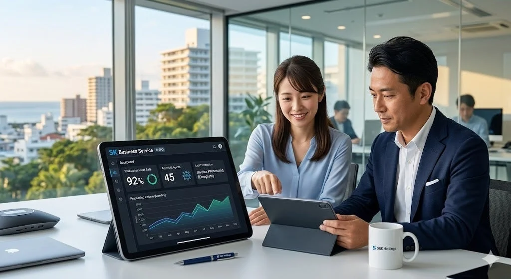 オフィスで男女のビジネスパーソンがタブレットのデータダッシュボードを見ながら共同作業をしている様子。窓の外には都市の風景が広がっている。