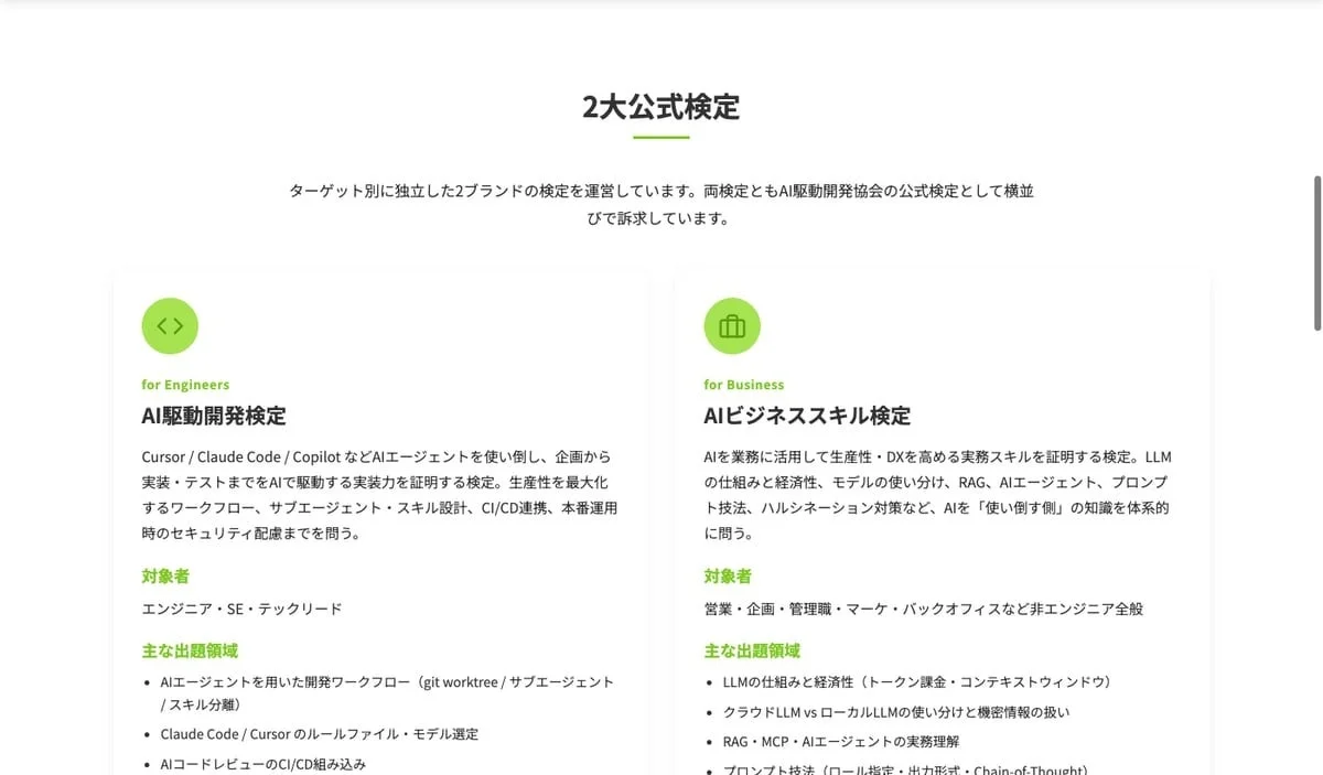 AI駆動開発協会が運営する2つの公式検定について説明しています。エンジニア向けの「AI駆動開発検定」と、ビジネスパーソン向けの「AIビジネススキル検定」があり、それぞれAIを活用した実践的なスキルと知識を問う内容です。