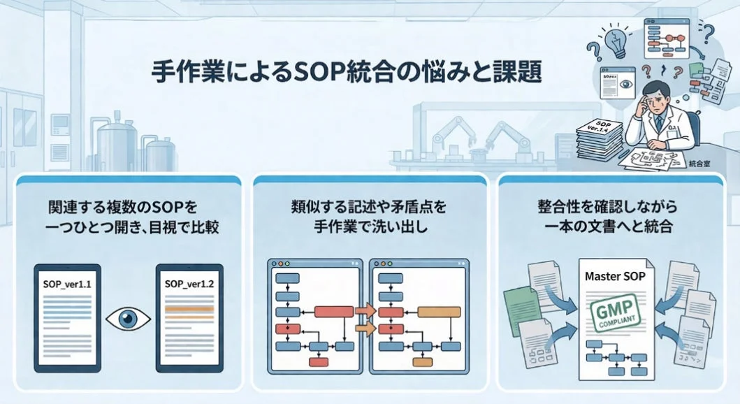 手作業によるSOP統合の悩みと課題