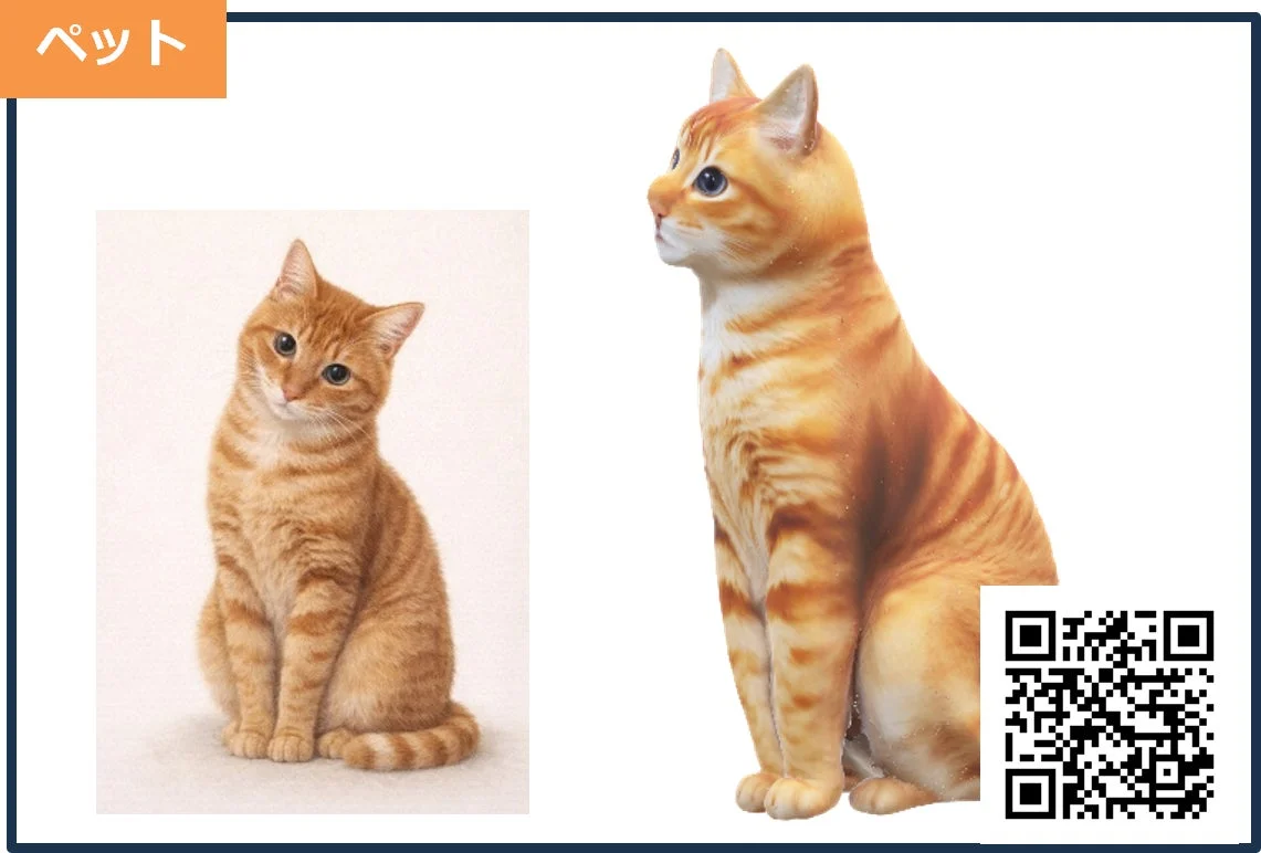 2匹の茶トラ猫が描かれた画像です。1匹は正面を向いて首をかしげ、もう1匹は横向きに座っています。右下にはQRコードがあります。