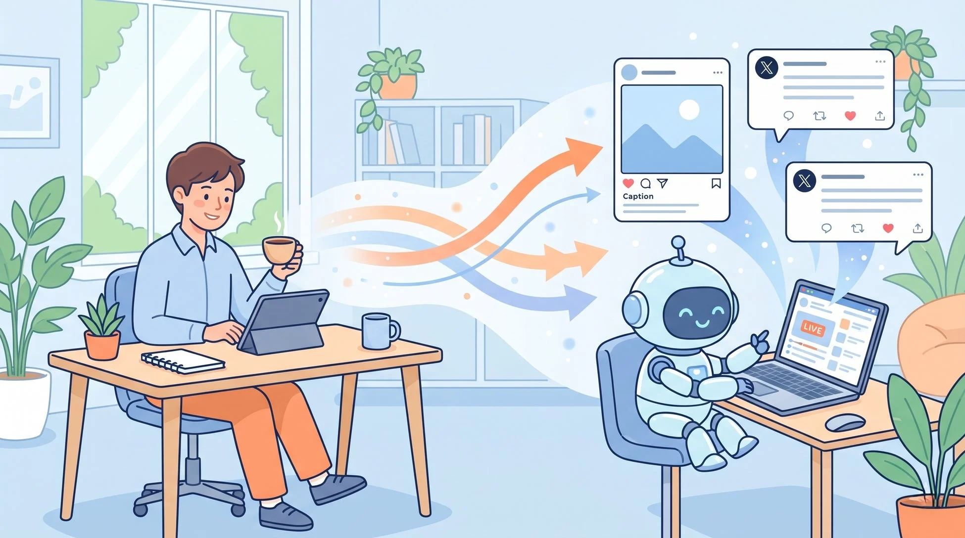 一人の人間がタブレットを操作し、その情報がAIロボットによってソーシャルメディアやライブ配信へと自動的に展開される様子