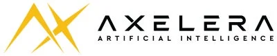 黄色の幾何学的なロゴと「AXELERA ARTIFICIAL INTELLIGENCE」という文字が組み合わされた企業ロゴです。人工知能分野の企業を示すブランディングイメージです。