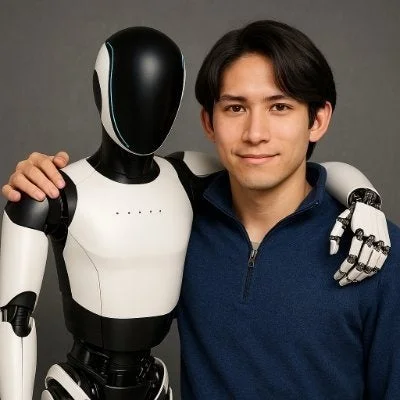 男性がヒューマノイドロボットと肩を組み、笑顔を見せている画像です。
