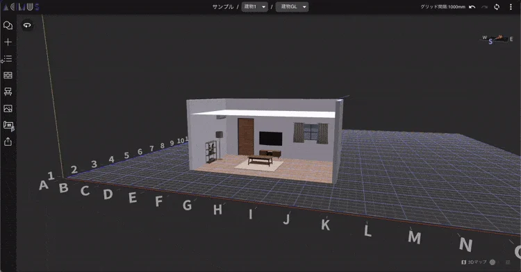 3Dモデリングソフトウェアの画面で、リビングルームのインテリアデザイン
