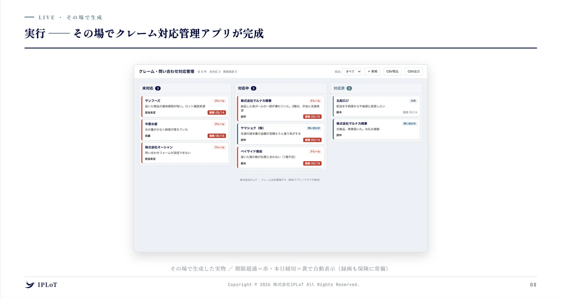 IPLoTのクレーム・問い合わせ対応管理アプリのデモ画面
