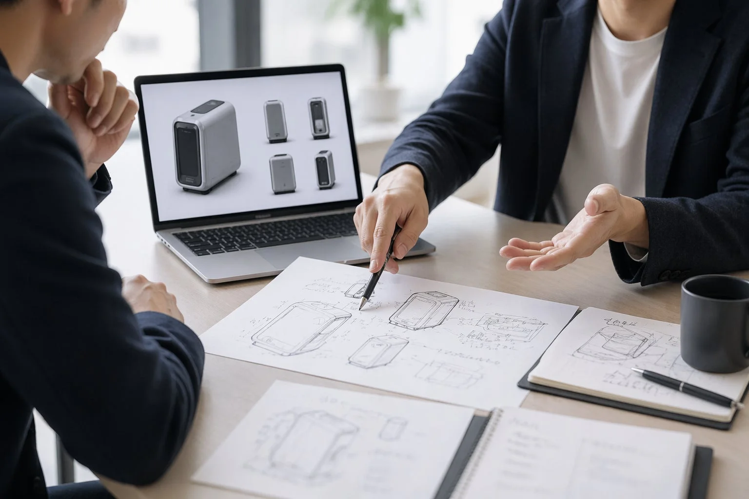 製品開発について話し合う二人の人物