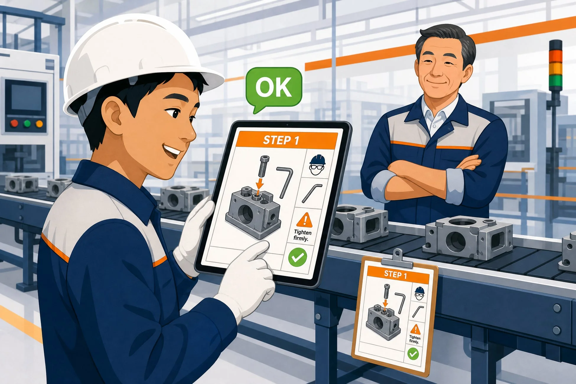 工場の組立ラインでタブレットの指示に従い作業する外国人新人作業者