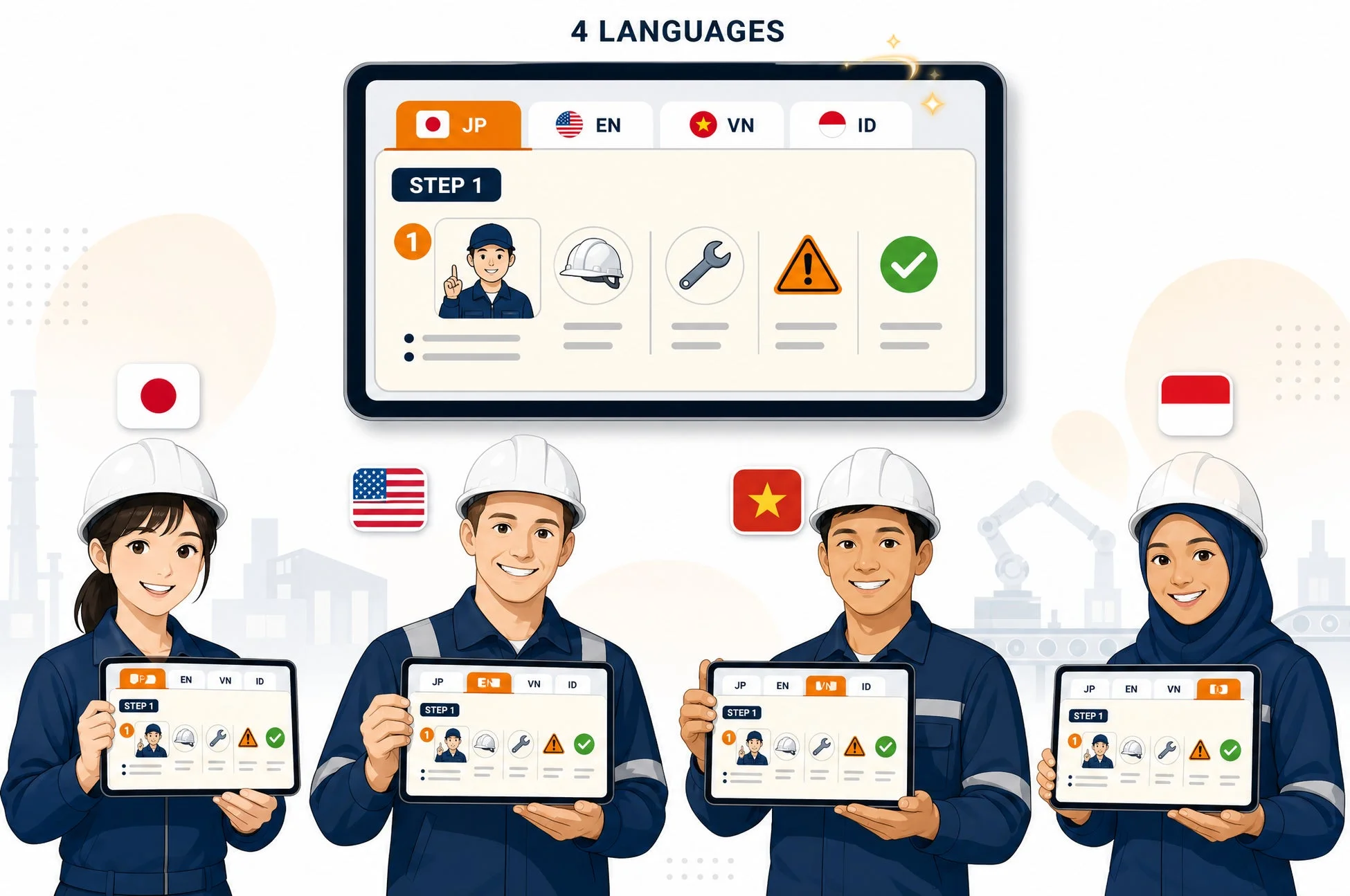 4カ国の作業員が多言語対応の安全教育アプリが示されたタブレットを持っている様子