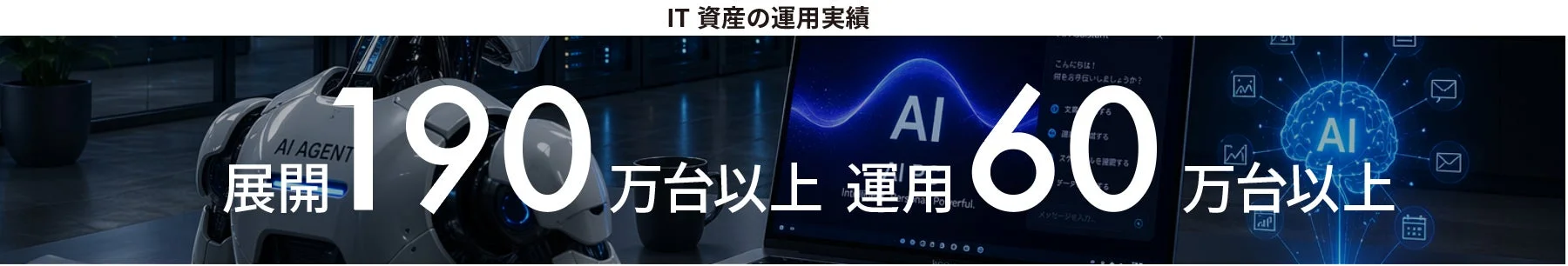 IT資産の運用実績を示す画像で、190万台以上のAIエージェントの展開と60万台以上の運用実績を強調しています。AIロボット、AIインターフェースを表示するノートPC、脳のグラフィックが描かれており、先進的なIT技術とその大規模な導入を示唆しています。
