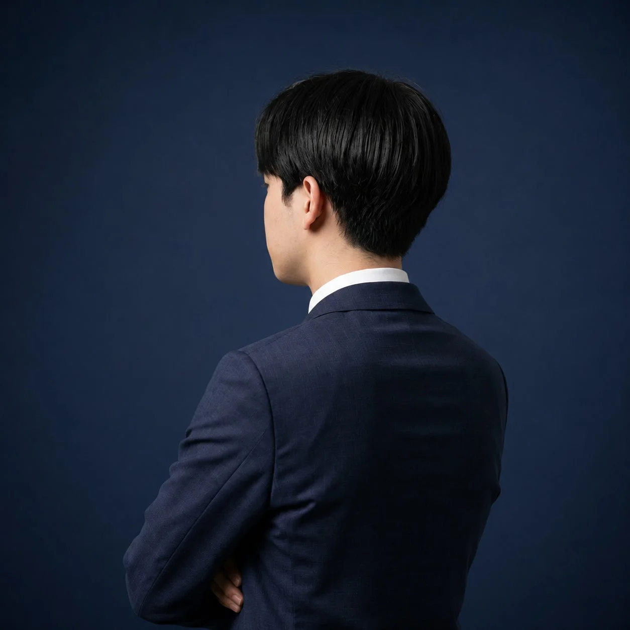 紺色のスーツを着た男性が、暗い青色の背景を背に、腕を組んで後ろを向いている姿を捉えた画像