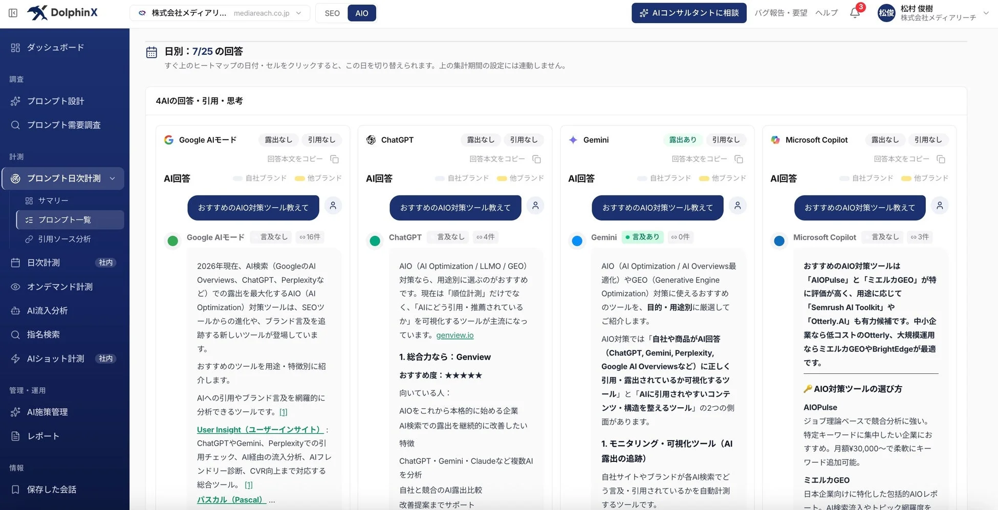 DolphinXのダッシュボード画面、日別AI回答詳細