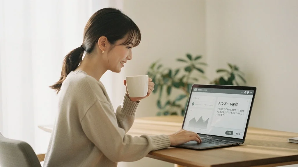 ノートパソコンでAIレポート生成画面を見る女性