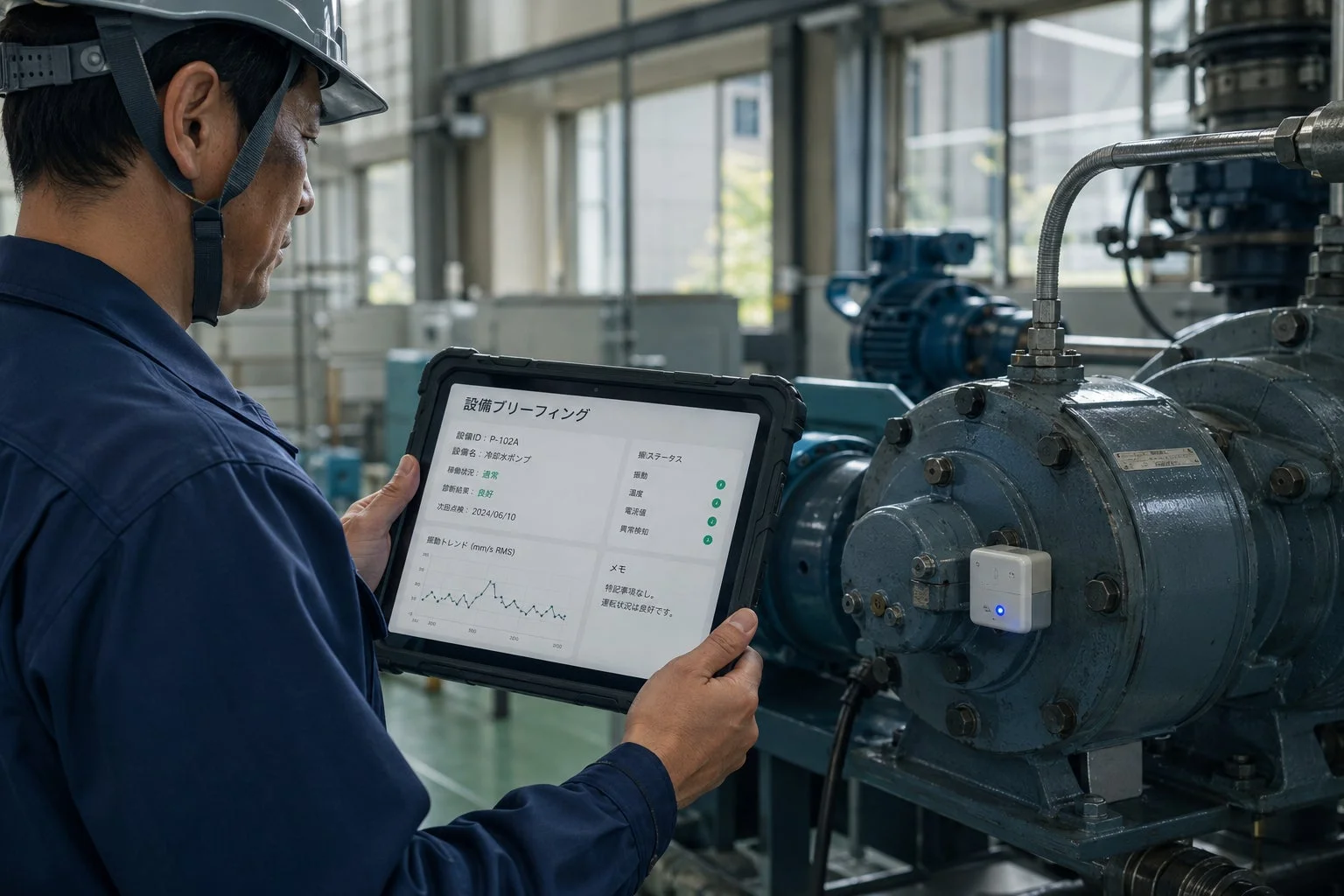 工場内でタブレットを操作し、設備の稼働状況や診断結果を確認する作業員