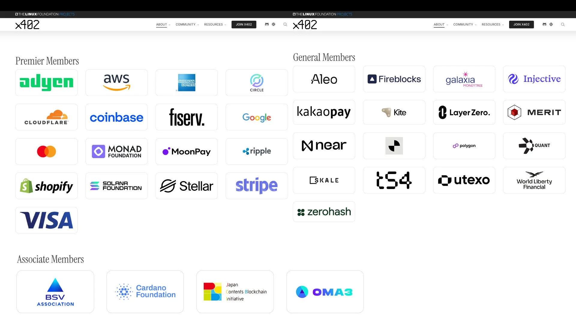 「THE LINUX FOUNDATION PROJECTS x402」のウェブページの一部で、プレミア、一般、アソシエイトメンバー企業をロゴで紹介しています。