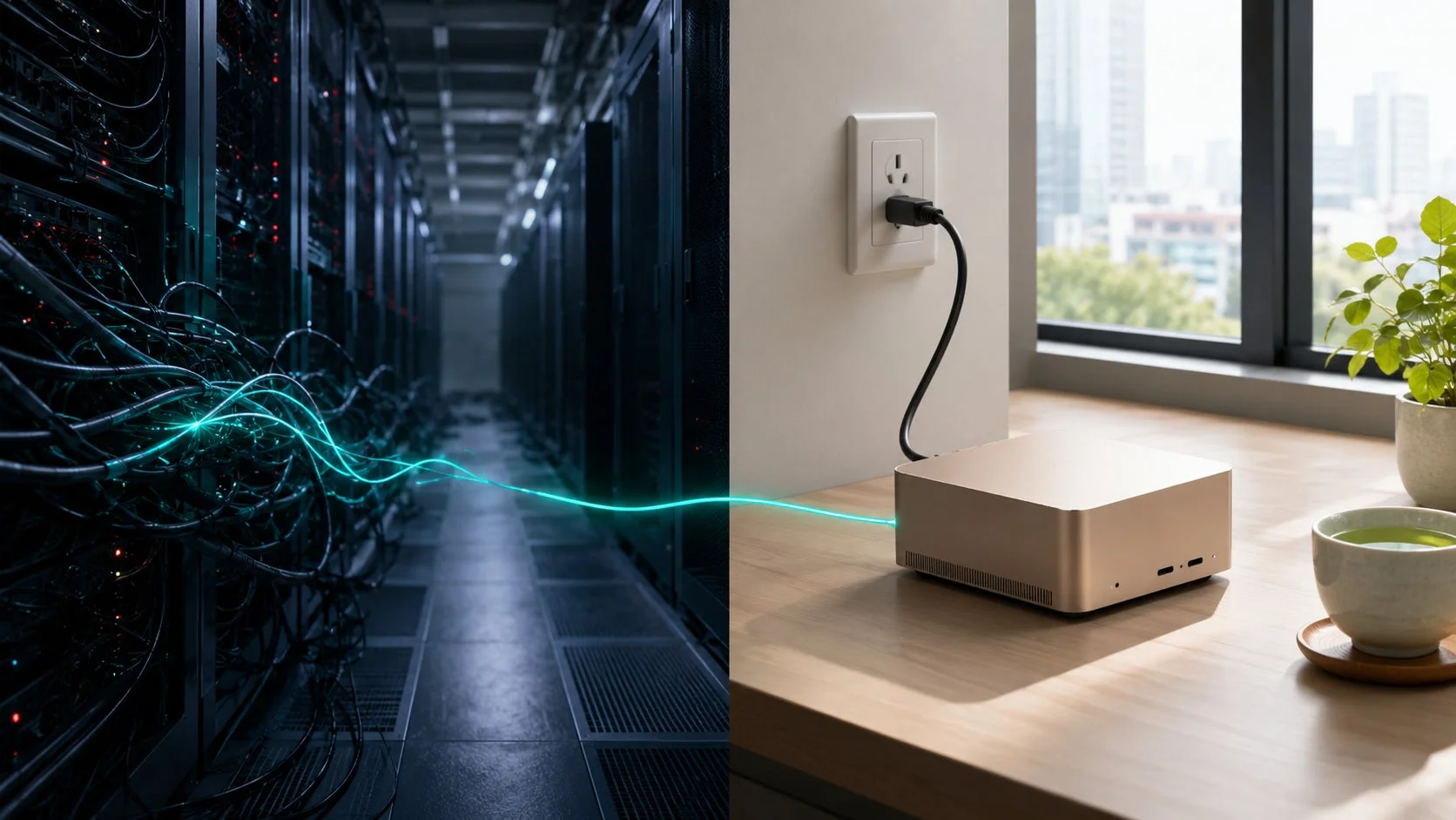 複雑なサーバー室とモダンな空間に置かれた小型PC