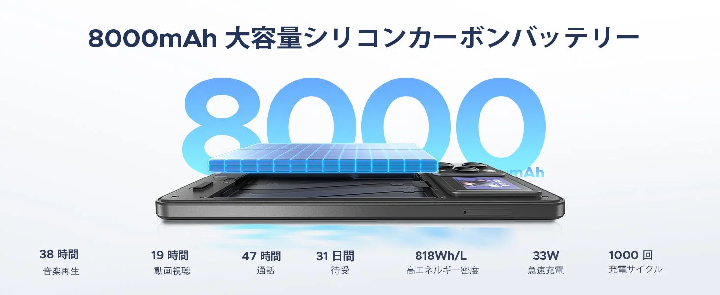 8000mAh大容量バッテリーの性能