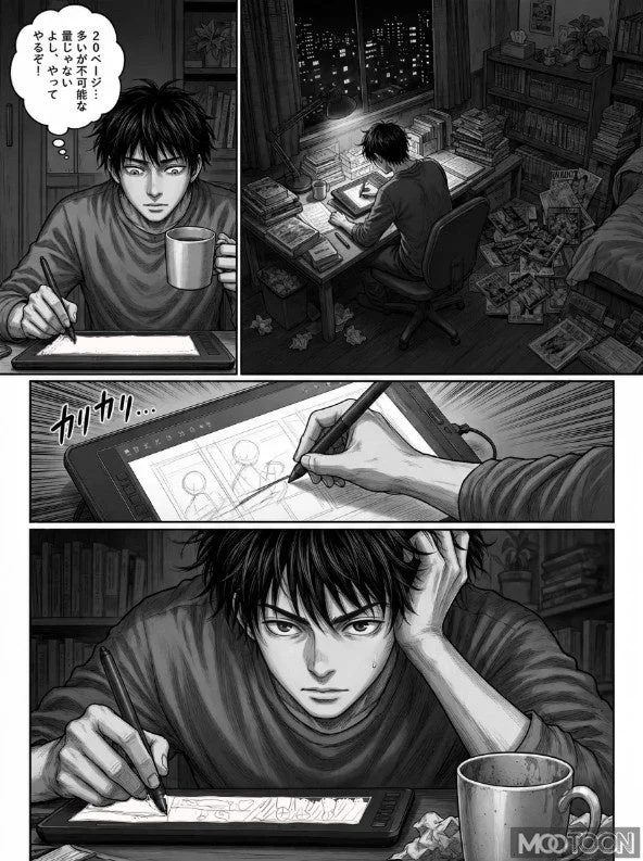 夜遅くまで、漫画家らしき男性がデジタルペンタブレットで真剣に作業している様子