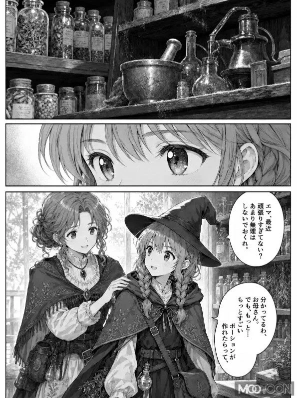魔女のような服装の少女と、彼女を心配する女性が会話しているモノクロの漫画の一コマ