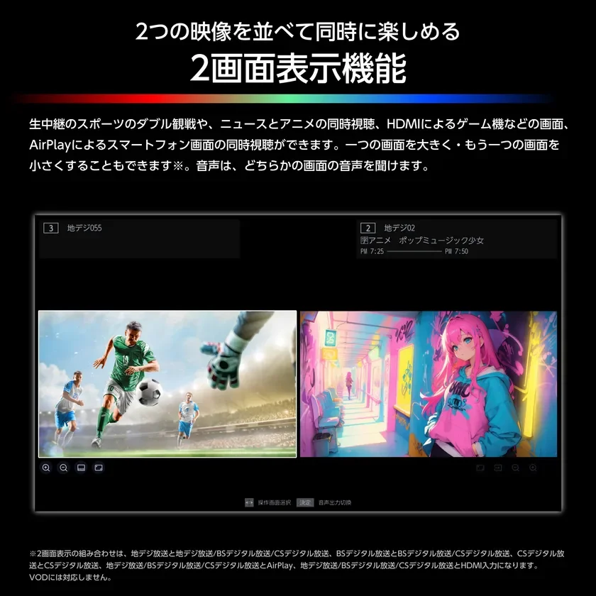 2つの映像を並べて同時に楽しめる2画面表示機能
