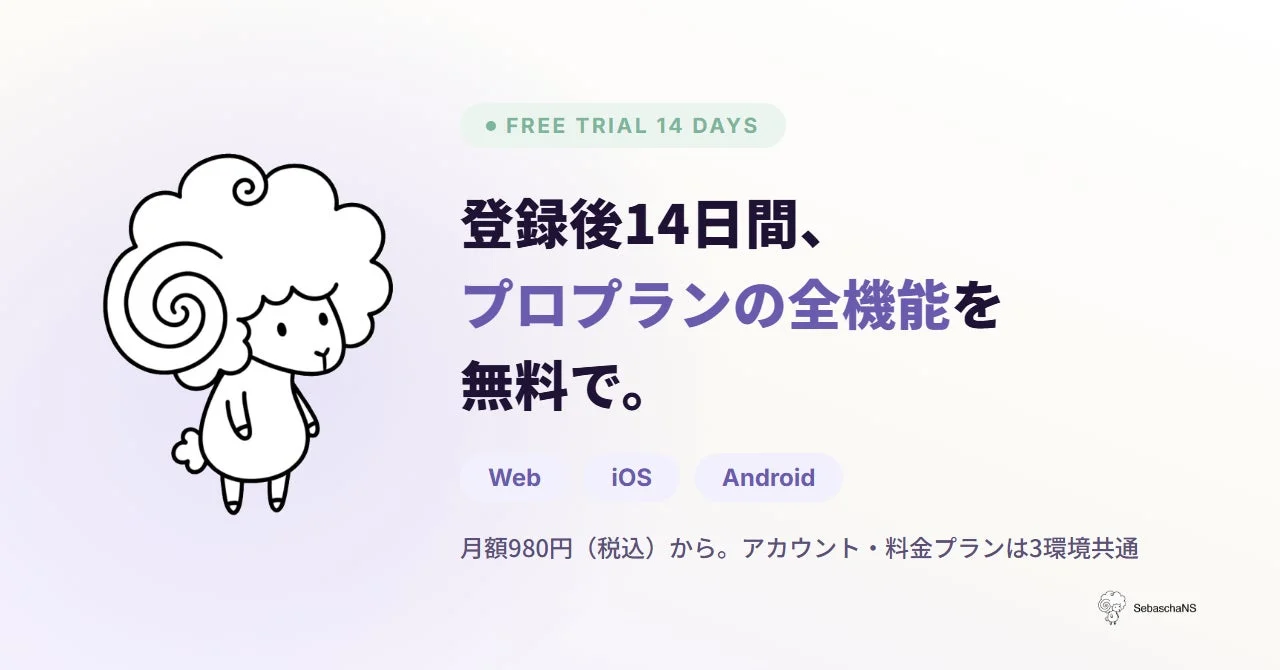 登録後14日間、プロプランの全機能を無料で利用できるサービスの案内。Web、iOS、Androidの3環境共通で、月額980円（税込）から。かわいらしい羊のキャラクターが描かれています。