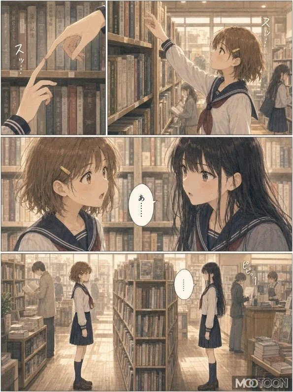図書館で本を探す二人の女子学生が描かれています