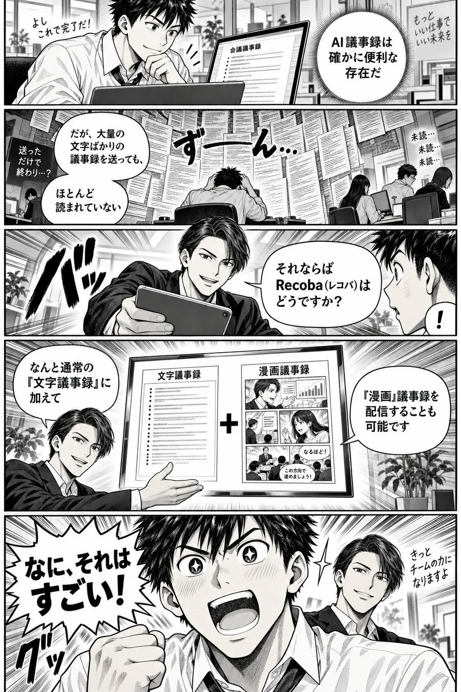 AI議事録の未読問題を漫画で解決するRecobaのイメージ