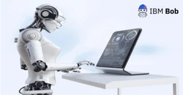 IBM Bobのロゴと未来的なデバイスを操作する人型ロボット