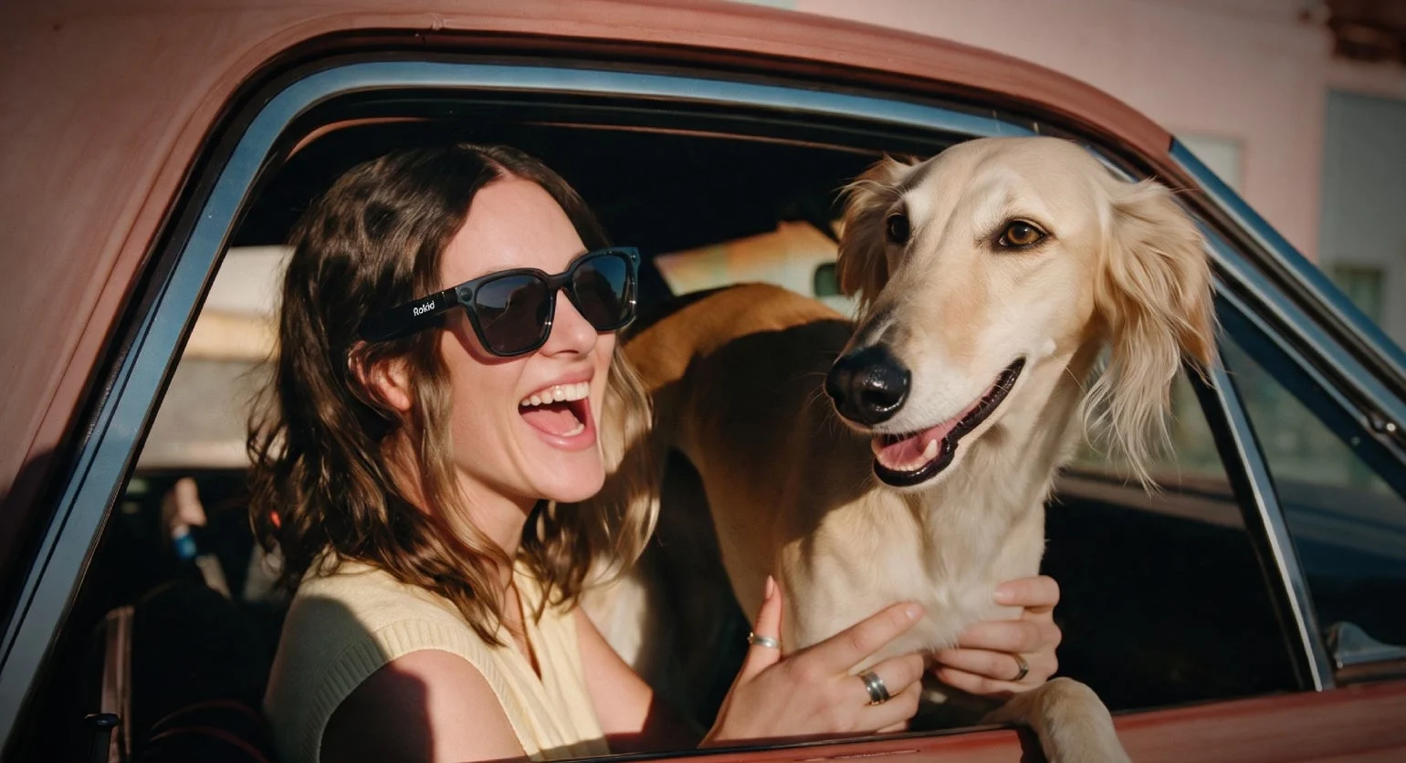 サングラスをかけた女性が車中で犬と笑う