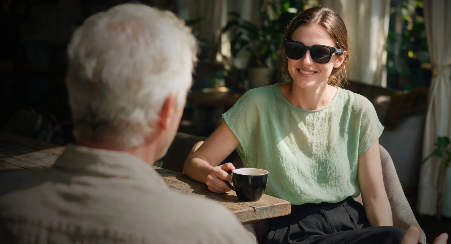 女性がサングラスをかけコーヒーを飲む